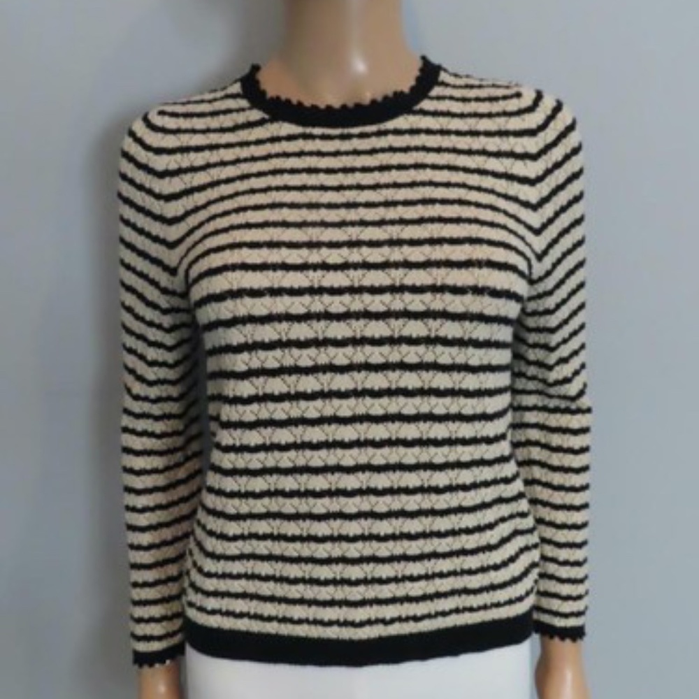 DOEN Oatmeal/Black Stripe Pointelle Knit Pullover Prudence Sweater